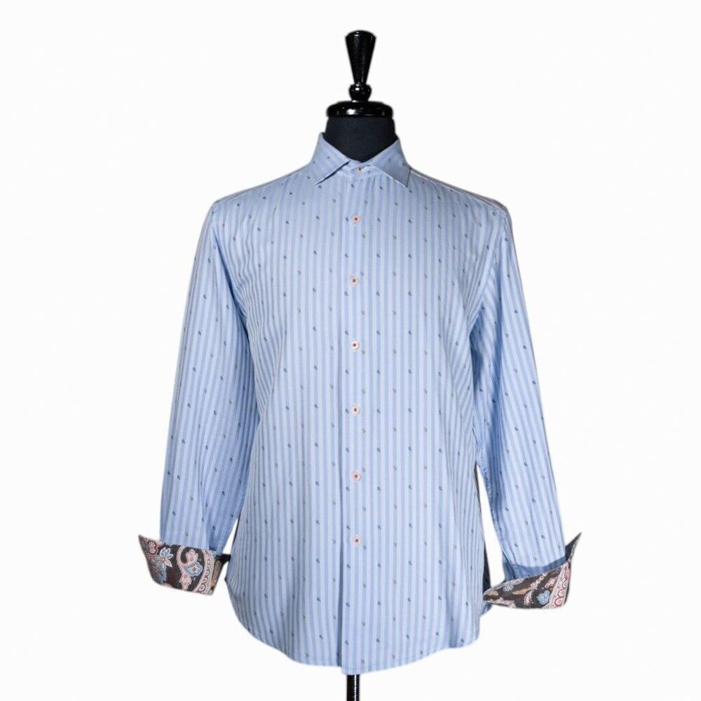 Robert Graham Mens Shirt Button Striped Paisley Blue Cotton Flip Cuff Medium